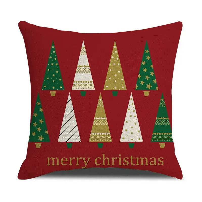 Red throw pillow christmas linen cushion cover with festive tree pattern and merry christmas text by decorbites christmas linen