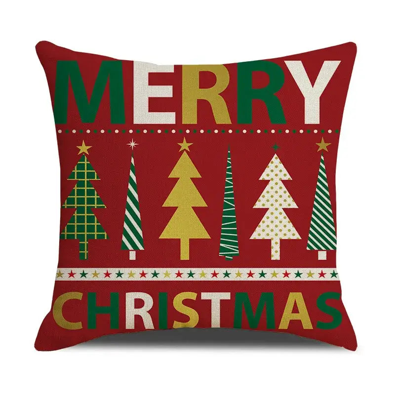 Red DecorBites Christmas linen cushion cover with merry christmas text and patterned trees for festive home decor