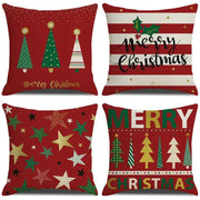 Set of four festive red decorbites christmas linen cushion covers with unique holiday designs for living room decor