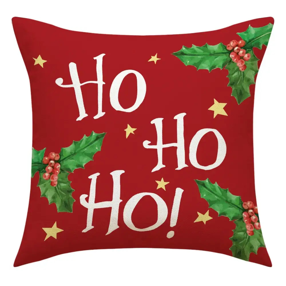Decorbites christmas linen decorative lumbar pillow in red with ho ho ho white script and holly accents