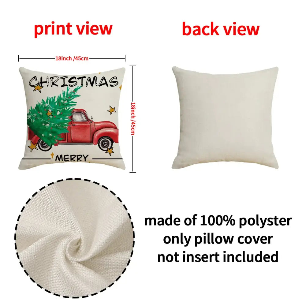 Cream-colored 18-inch polyester christmas linen decorative pillow cover with red vintage truck and christmas tree design