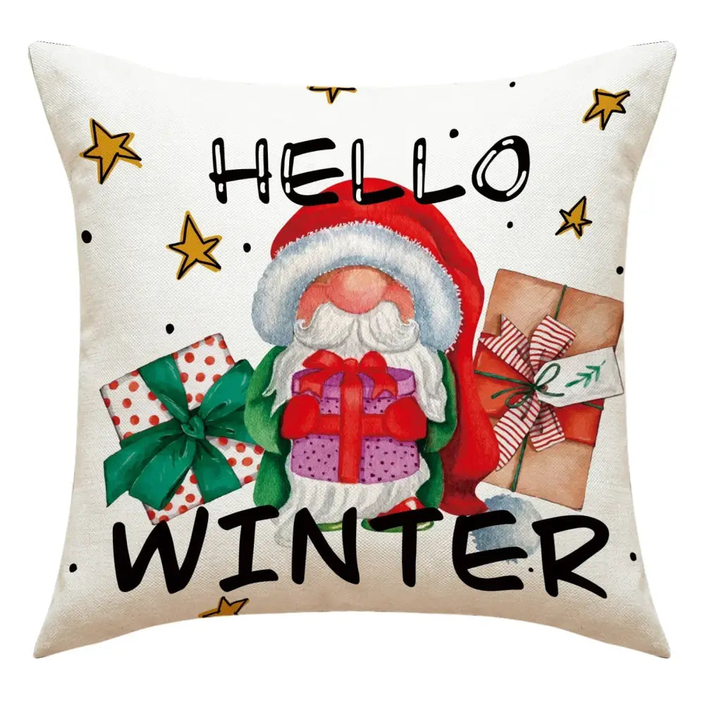 White christmas linen decorative lumbar pillow featuring a festive gnome and hello winter design by decorbites