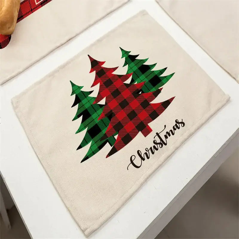 Beige cotton linen dining table mat with red and green plaid christmas trees and christmas script for festive decor