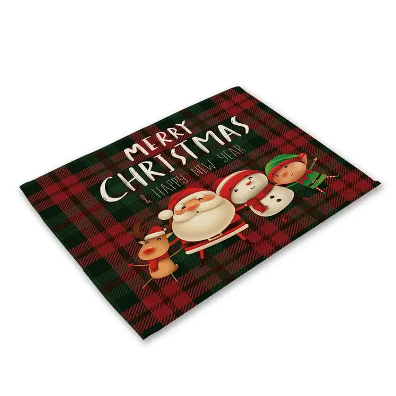 Decorbites™ christmas linen dining table mats in red and green plaid with santa claus print and festive holiday design