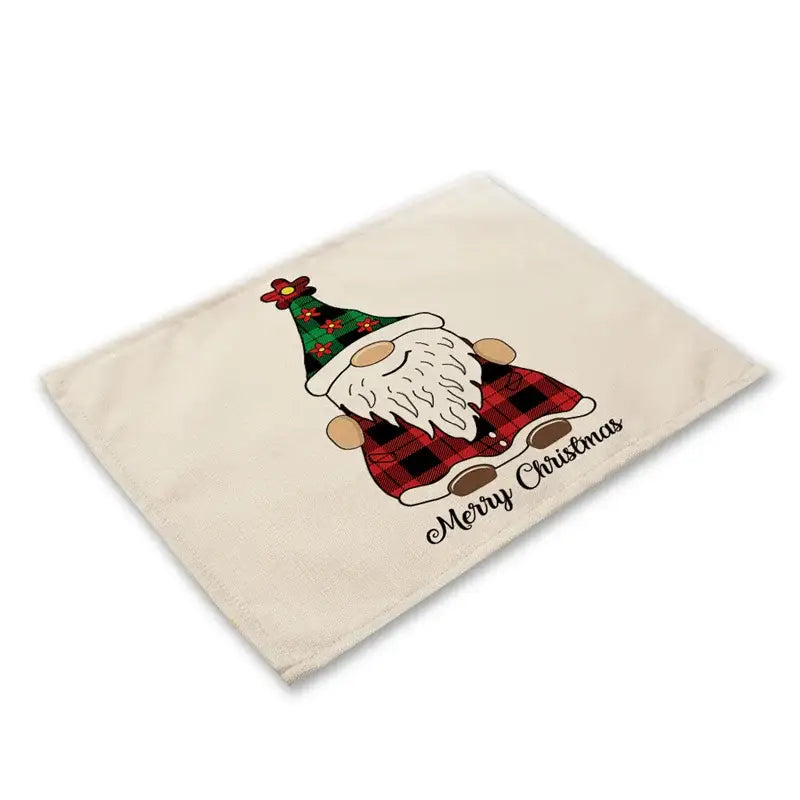 Beige linen dining table placemat featuring a festive gnome in red plaid with merry christmas text by decorbites