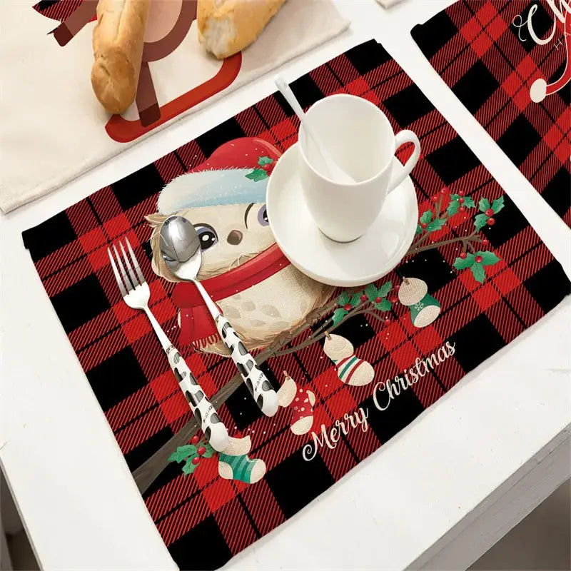 Red and black plaid linen dining table mat with cartoon hedgehog santa print and merry christmas text for festive decor