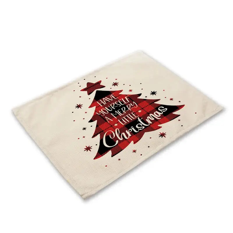 Beige cotton linen dining table mat with red and black plaid christmas tree and festive script for holiday decor