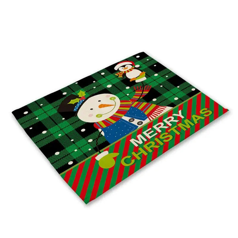 Decorbites christmas linen dining table mats with festive snowman and penguin on black green plaid linen dining mat