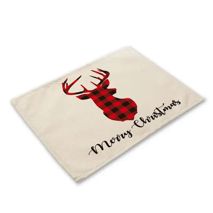Beige cotton linen dining table mat featuring a red and black plaid deer silhouette with merry christmas script