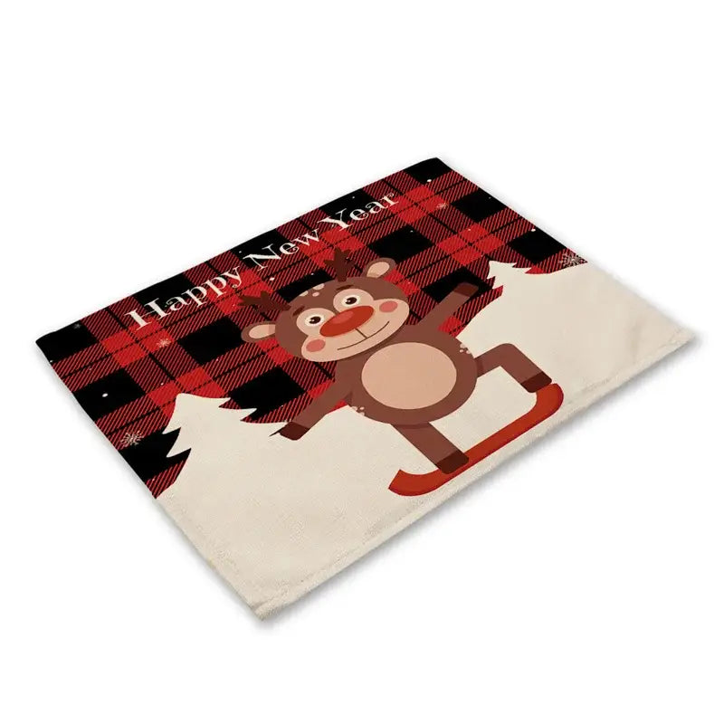DecorBites™ festive red and black linen dining table mats with cartoon reindeer and happy new year print