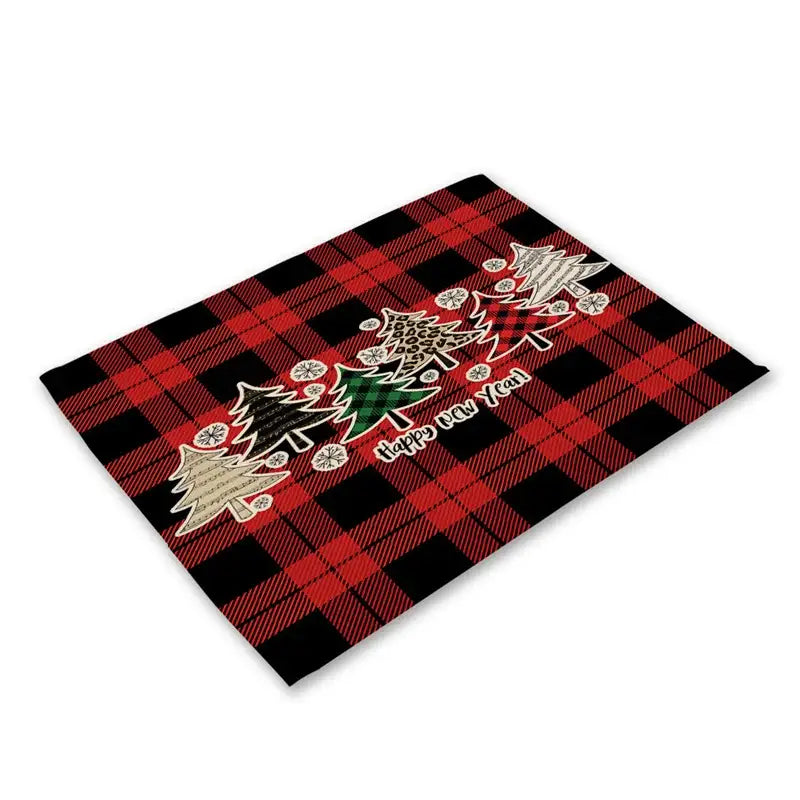 Decorbites™ christmas linen dining table mats in red black plaid with embroidered trees and happy new year text