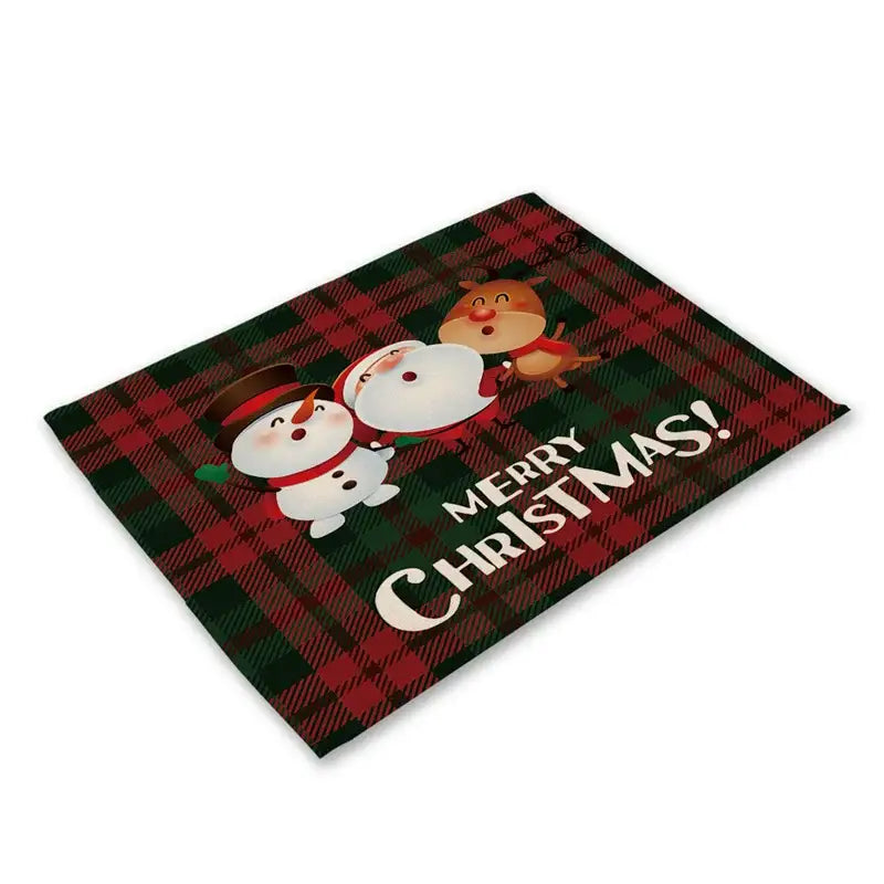 Red and green plaid christmas linen dining table mats featuring cartoon snowmen reindeer and merry christmas text