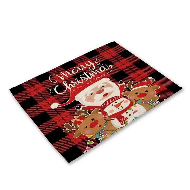 Decorbites™ red and black plaid linen dining table mats featuring santa claus reindeer snowman merry christmas text