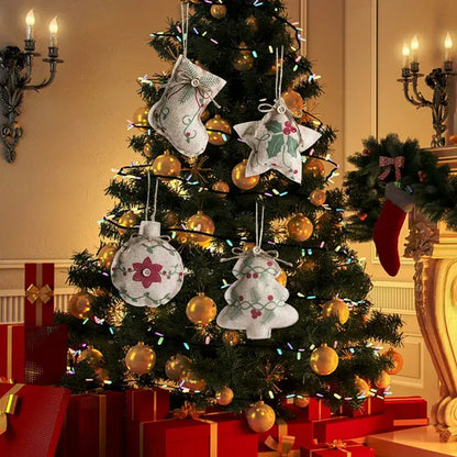 Decorbites™ christmas linen pendant featuring white embroidered printed pentagram sock and star ornaments on evergreen tree