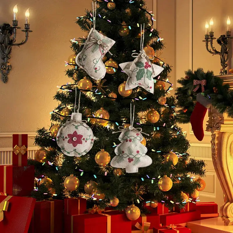 Decorbites™ christmas linen pendant featuring white embroidered printed pentagram sock and star ornaments on evergreen tree