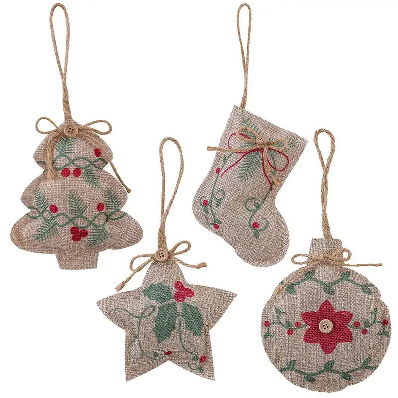Set of four rustic burlap decorbites christmas printed pentagram socks with embroidered holly and button accents