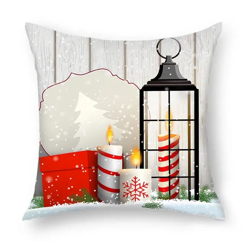 Decorbites christmas nordic sofa pillowcase with red white striped candles lantern gift box and pine branches design