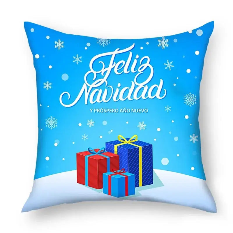 Blue decorbites christmas nordic sofa pillowcase with feliz navidad script snowflakes and colorful gift box design