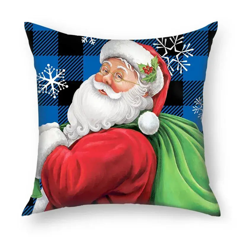 Decorbites christmas nordic festive throw pillow with santa in red suit and green sack on blue plaid snowflake background