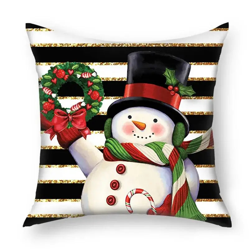 Decorbites christmas nordic sofa pillowcase featuring a white snowman with black top hat green striped scarf and wreath design