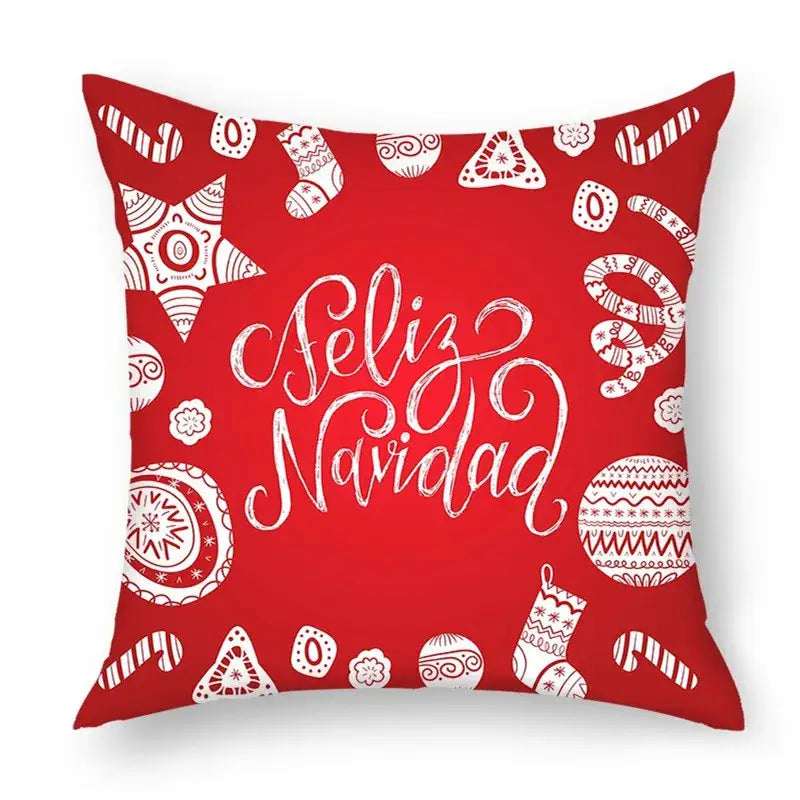 Red throw pillow with white holiday illustrations and feliz navidad script for decorbites christmas nordic sofa pillowcase