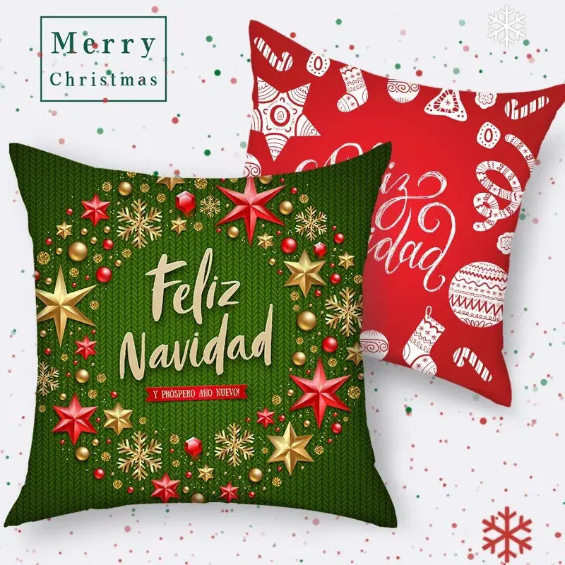 Green knitted-textured decorbites christmas nordic sofa pillowcase with festive wreath and feliz navidad text