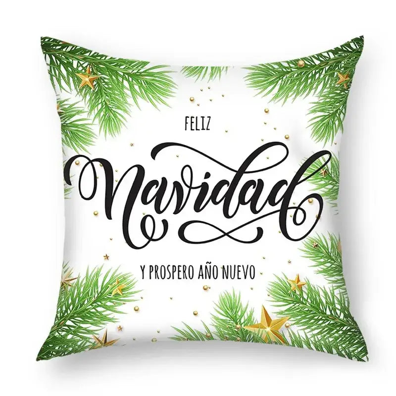 White throw pillow with festive green pine branches gold stars and black cursive text decorbites christmas nordic sofa pillowcase