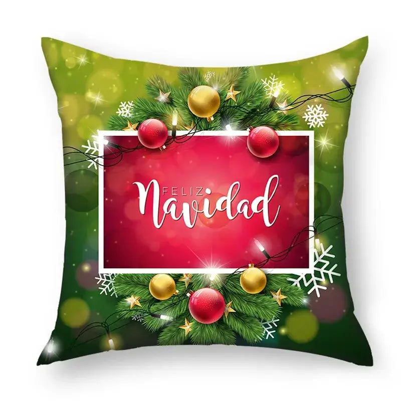 Green holiday-themed decorbites christmas nordic sofa pillowcase with red gold ornaments and feliz navidad script panel
