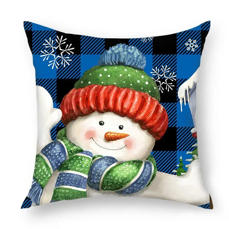 Cozy festive decorbites christmas nordic sofa pillowcase with cheerful snowman on blue black plaid background