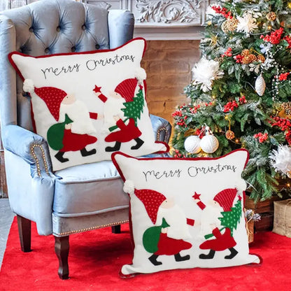 White decorbites christmas patchwork pillow covers with embroidered santa figures merry christmas script and pom-pom trim