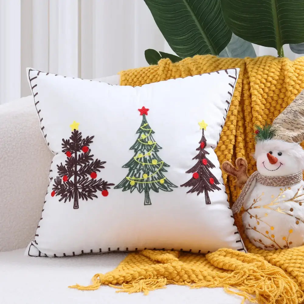 White velvet cushion cover with embroidered black green and red christmas trees decorbites christmas patchwork merrychristmas