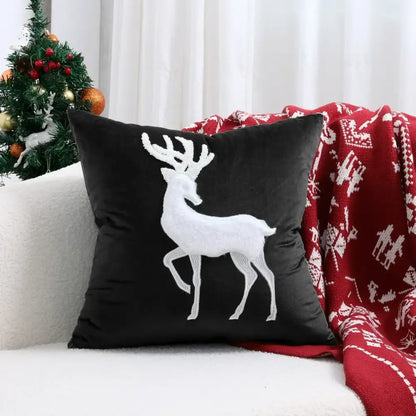 Black velvet cushion cover with white embroidered reindeer from decorbites christmas patchwork merrychristmas collection