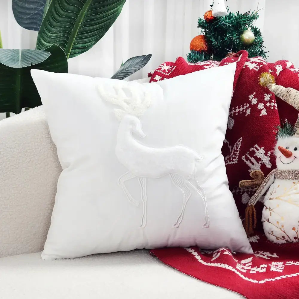 White square velvet cushion cover with raised embroidered reindeer design decorbites christmas patchwork merrychristmas