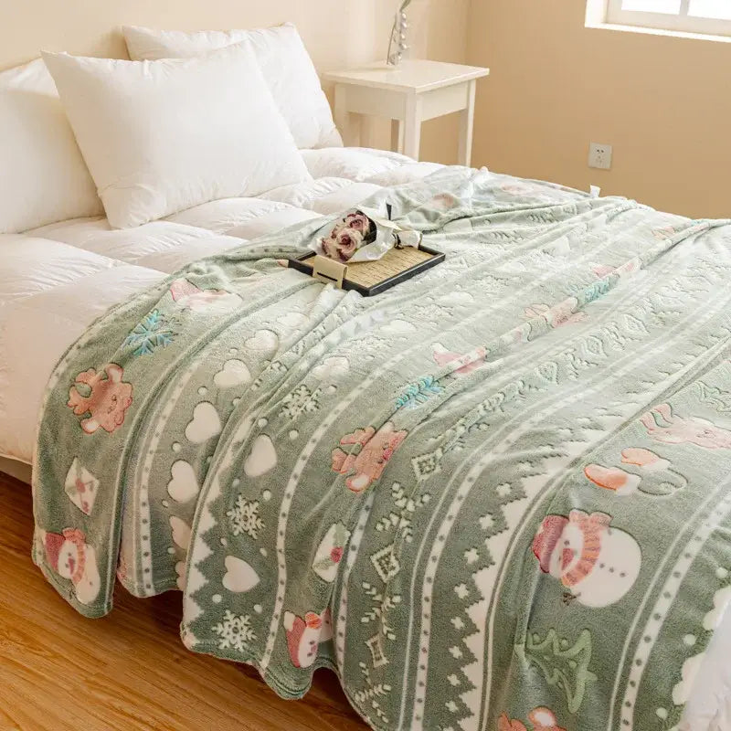 Decorbites christmas pattern printed soft mint green plush blanket with embroidered snowmen hearts for bed or sofa cover