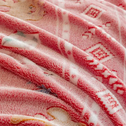 Pink plush decorbites christmas pattern printed soft blanket with red and white geometric design for bed and sofa use