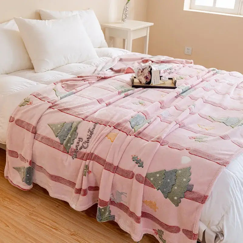 Pink plush decorbites christmas pattern printed soft blanket with embroidered christmas trees and merry christmas text