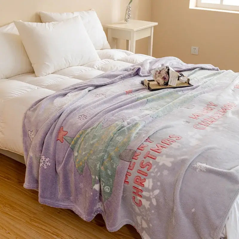 Decorbites christmas pattern printed soft lavender plush blanket with festive christmas tree and merry christmas text