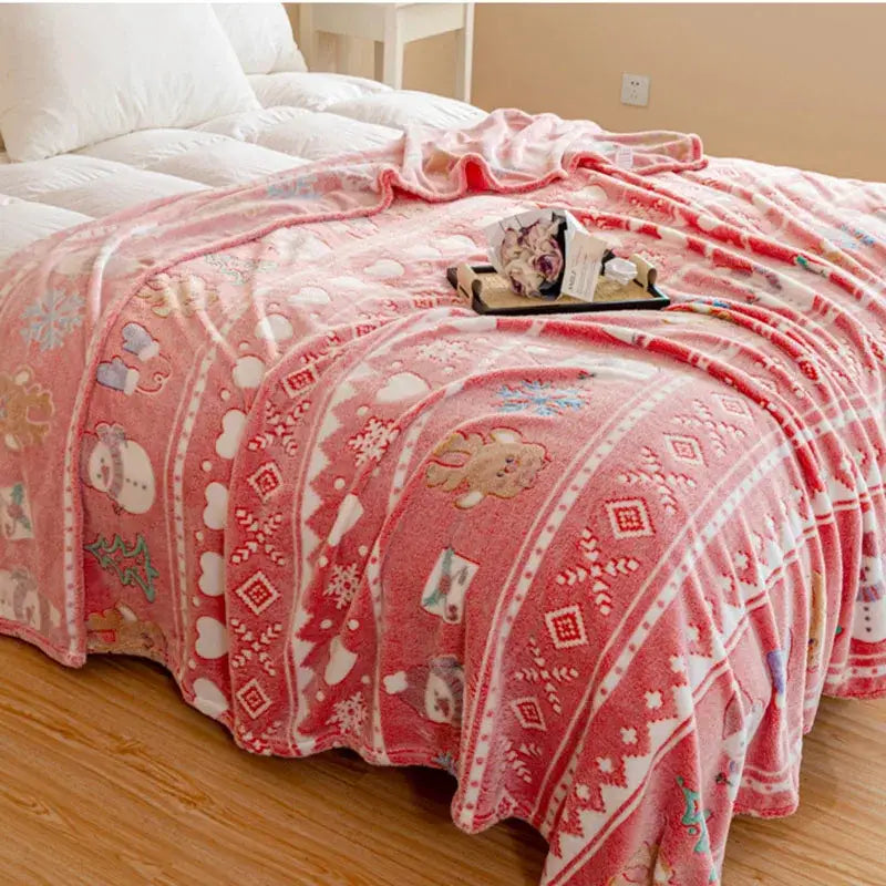 Pink plush decorbites christmas pattern printed soft blanket with festive snowmen reindeer and geometric designs