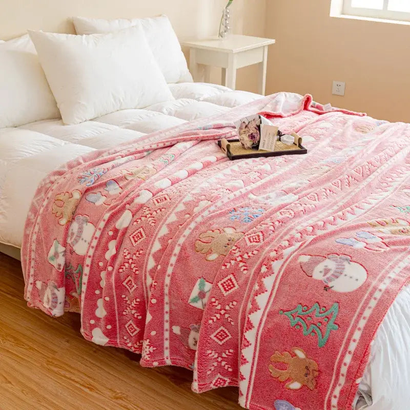 Pink decorbites christmas pattern printed soft blanket with festive snowmen reindeer and christmas tree designs