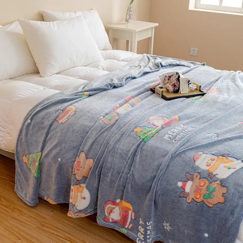 Decorbites christmas pattern printed soft blue plush blanket with festive characters for bed and sofa cover use
