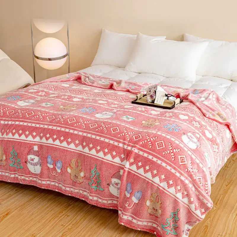 Pink decorbites christmas pattern printed soft blanket with festive snowmen reindeer and christmas trees for bed and sofa use