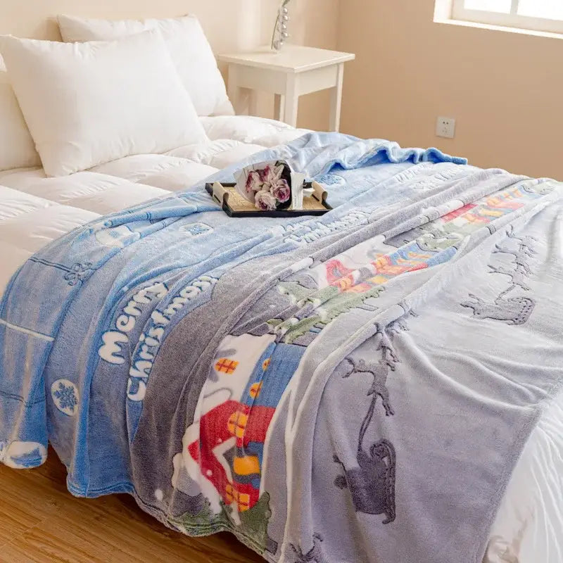 Decorbites christmas pattern printed soft blanket in blue and gray with festive reindeer snowflakes and merry christmas text