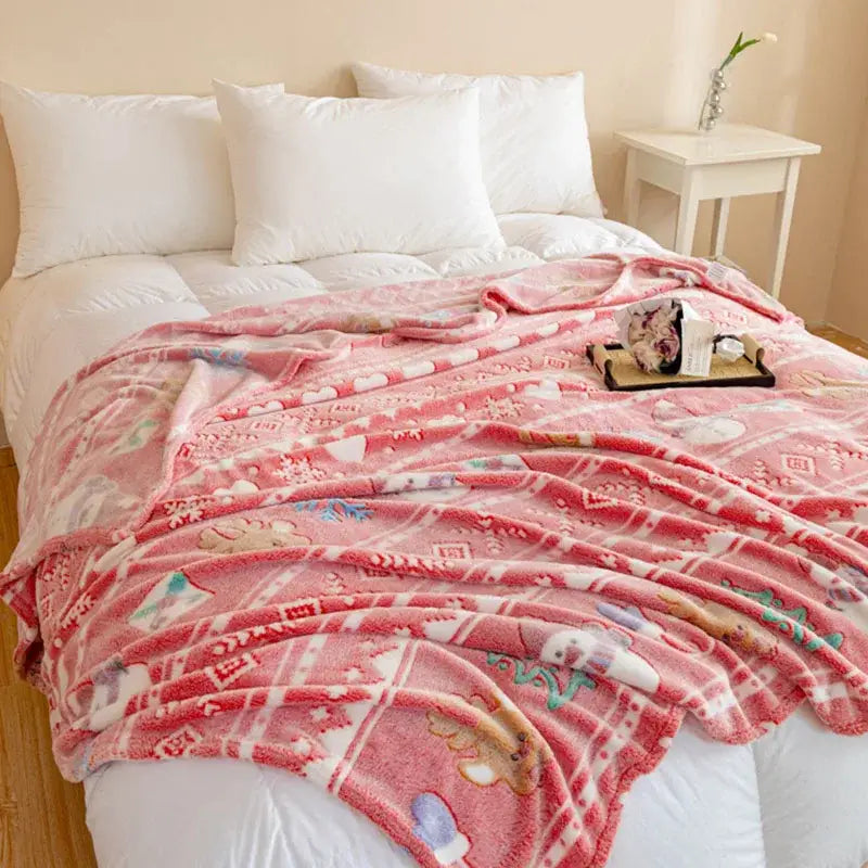 Pink plush decorbites christmas pattern printed soft blanket with fuzzy texture and playful cartoon and geometric designs