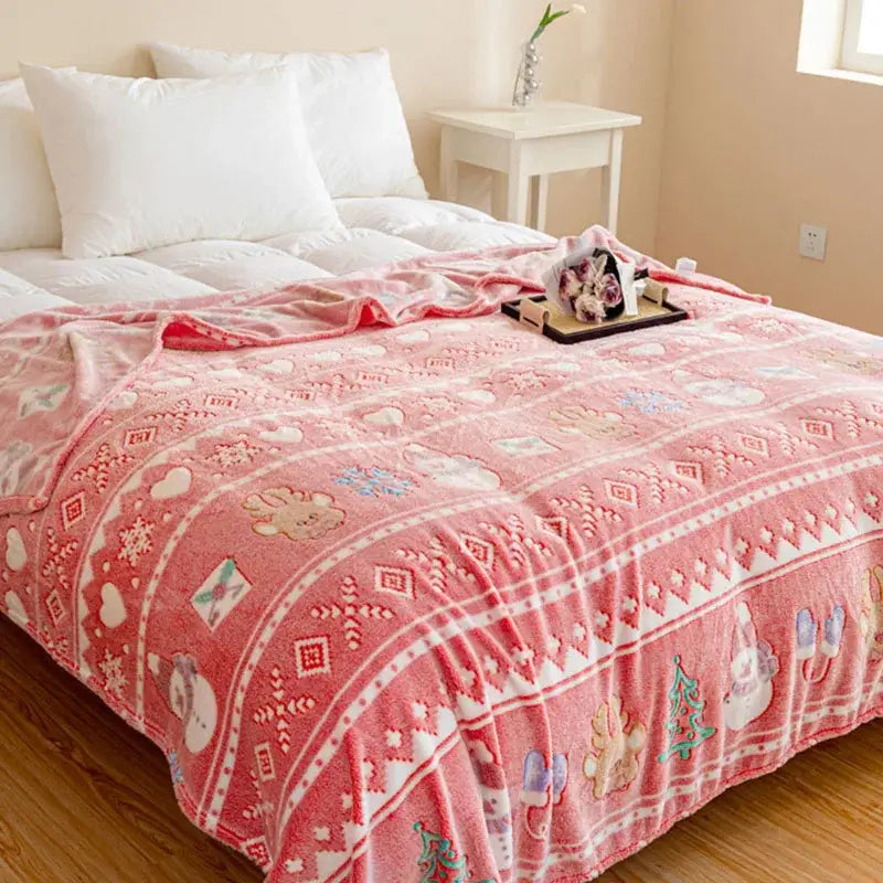 Decorbites christmas pattern printed soft pink plush blanket with festive snowflakes hearts and cartoon animals