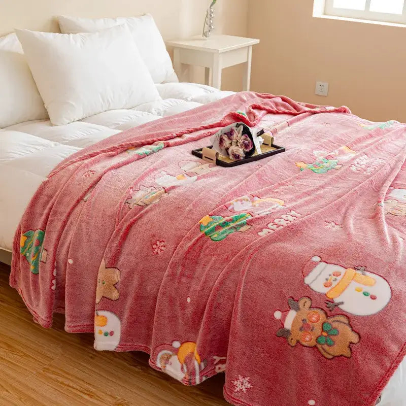 Pink plush decorbites christmas pattern printed soft blanket with festive snowmen and reindeer designs for bed and sofa use