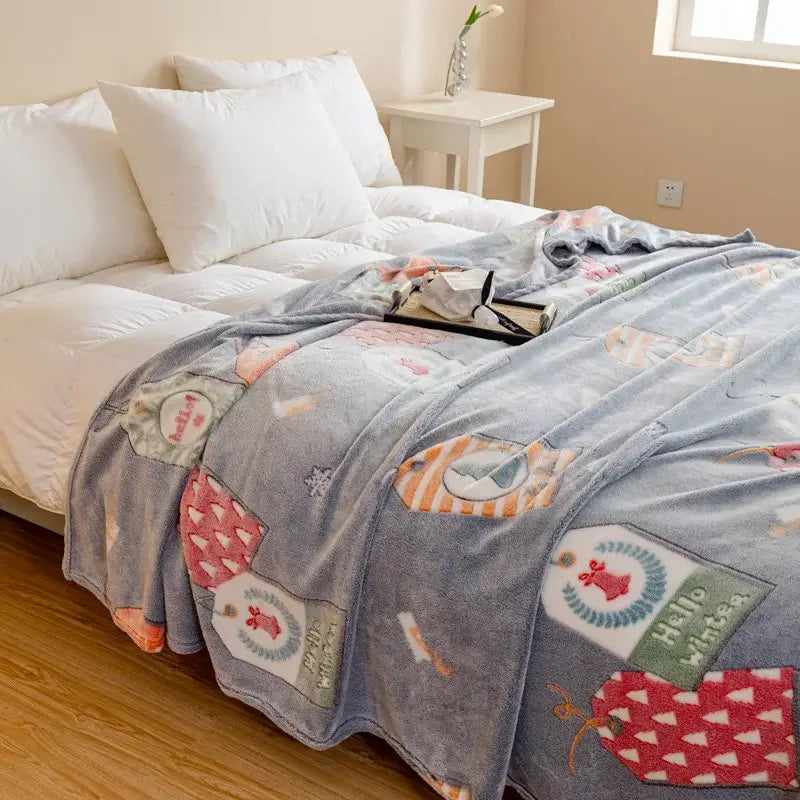 Cozy light blue decorbites christmas pattern printed soft plush blanket with holiday appliqués for bed or sofa use