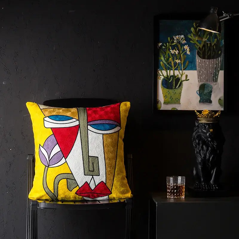 Vibrant yellow decorbites christmas picasso cushion cover with bold abstract embroidered face for sofa and bed use