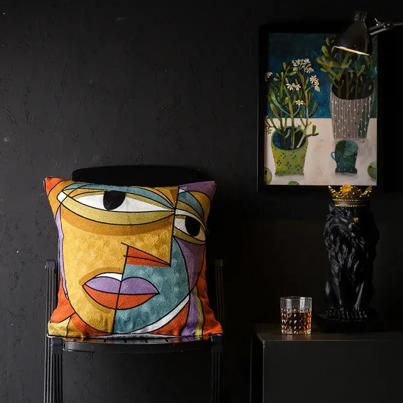 Vibrant decorbites christmas picasso cushion cover with abstract face embroidery in yellow orange teal and purple for sofa and bed