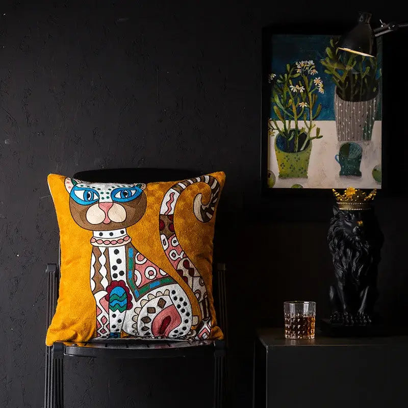 Vibrant orange decorbites christmas picasso style cushion cover with embroidered cat for living room sofa and bed