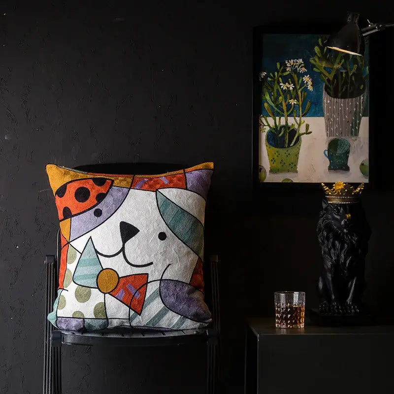 DecorBites Christmas Picasso style cushion cover with colorful patchwork and a stylized white dog for sofa and bed